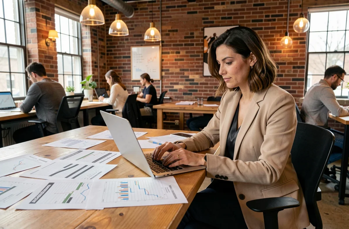Femme consultante indépendante travaillant dans un espace de coworking en portage salarial