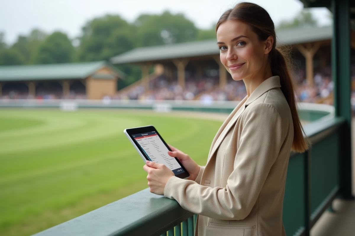 Femme consultant Infonet5 sur tablette au bord de la piste lors d'une journée de trot en hippodrome français