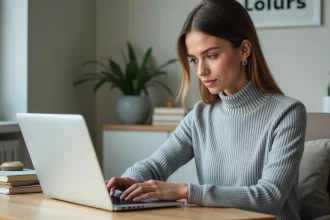 Femme utilisant l'interface Mistral Le Chat sur un ordinateur portable dans un bureau moderne bien organisé