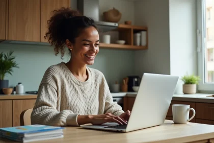 Femme utilisant un ordinateur portable à la maison