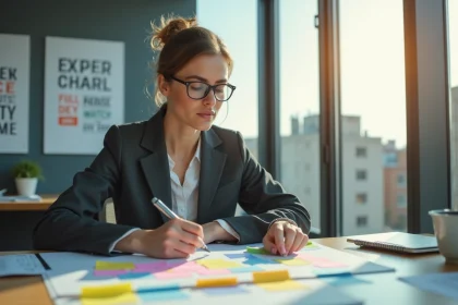 Femme concentrée planifiant avec notes colorées dans un bureau lumineux