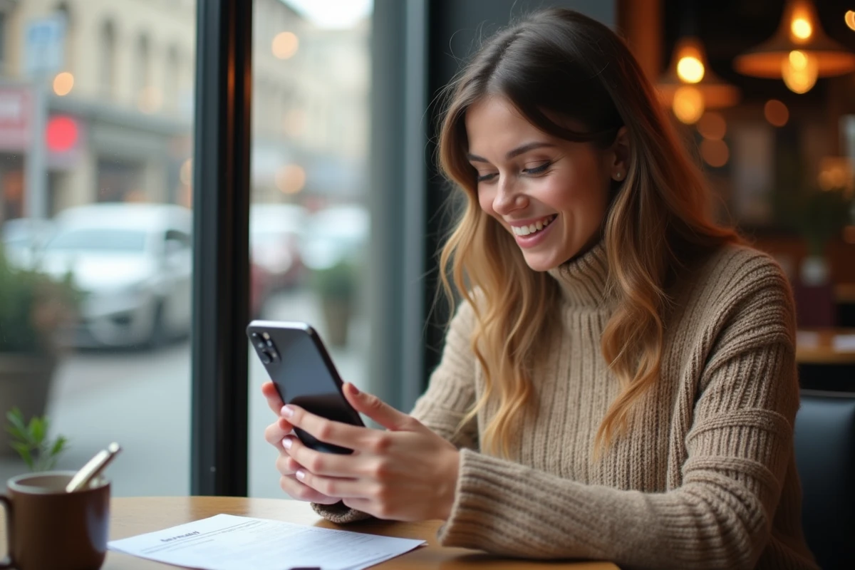 Femme souriante consulte sa fiche de paie sur son smartphone au café