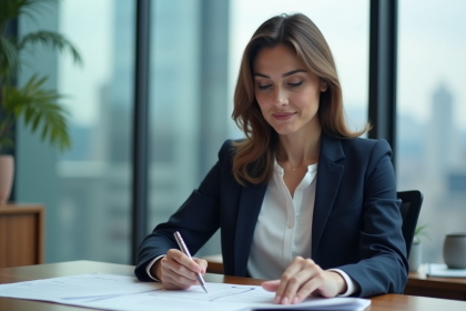 Femme en blazer navy travaillant au bureau avec documents