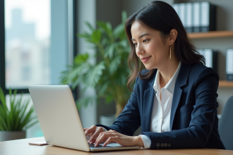 Femme en blazer navy travaillant sur son ordinateur en bureau moderne