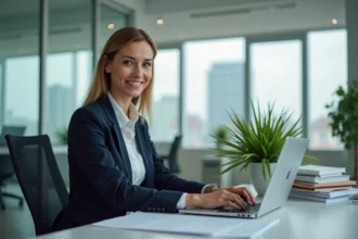 Femme d affaires concentrée sur son ordinateur au bureau