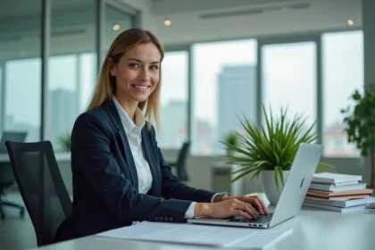 Femme d affaires concentr&eacute;e sur son ordinateur au bureau