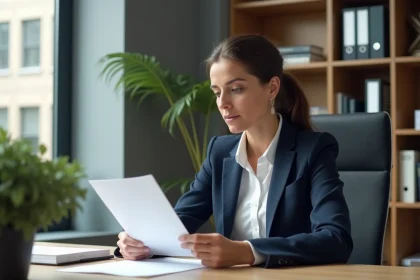 Femme professionnelle en blazer marine relisant une lettre de rupture conventionnelle &agrave; son bureau en open space