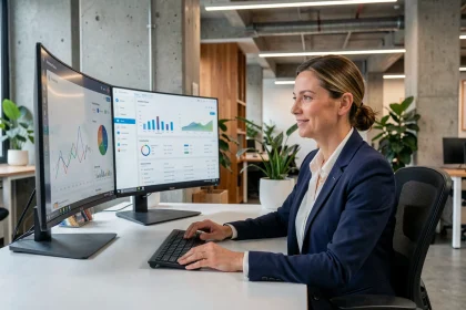 Femme professionnelle utilisant des outils de marketing automation et CRM dans un bureau moderne à Toulouse