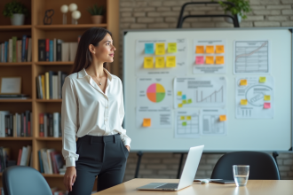 Femme professionnelle en réunion avec tableau de postit