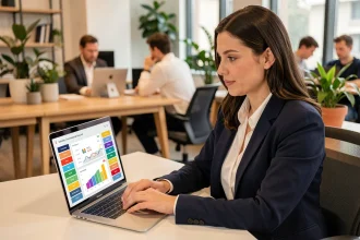 Professionnelle utilisant des outils IA marketing sur son ordinateur pour générer des leads qualifiés dans un bureau moderne