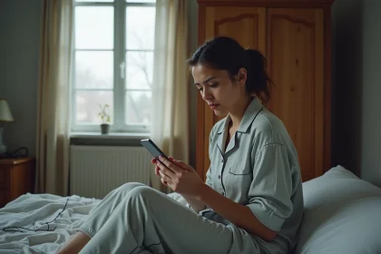 Femme en pyjama assise sur son lit le matin, hésitant à envoyer un message pour s'absenter du travail