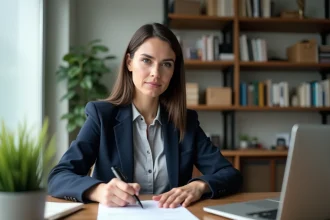 Femme rédigeant sa lettre de démission à son bureau avec sérénité pour une reconversion professionnelle