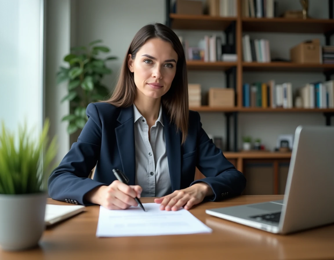 Femme rédigeant sa lettre de démission à son bureau avec sérénité pour une reconversion professionnelle