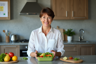 Femme souriante préparant une salade dans sa cuisine moderne