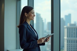 Femme confiante en costume dans un bureau moderne