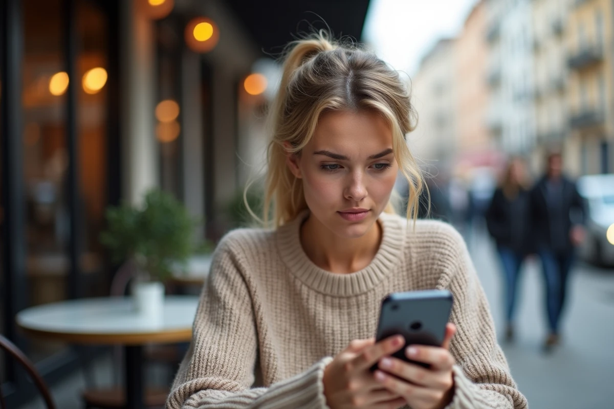 Jeune femme au caf&eacute; tenant son smartphone en fureur