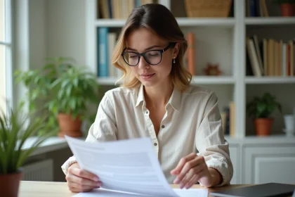 Femme en télétravail complet relisant son contrat de travail dans un bureau à domicile organisé en France