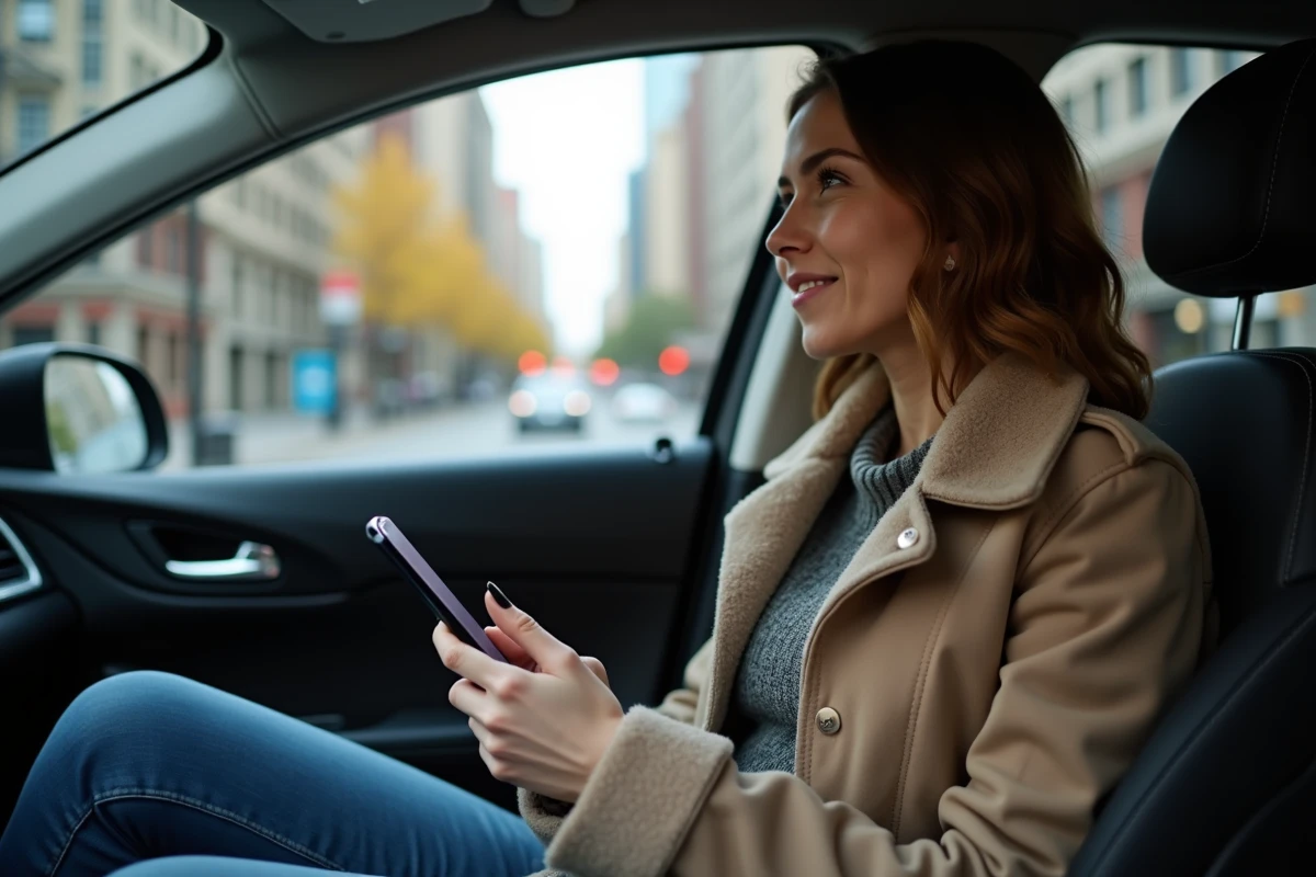 Femme en voiture de covoiturage regardant par la fenêtre