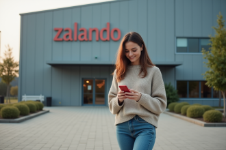 Femme en jean vérifiant son téléphone devant un entrepôt moderne