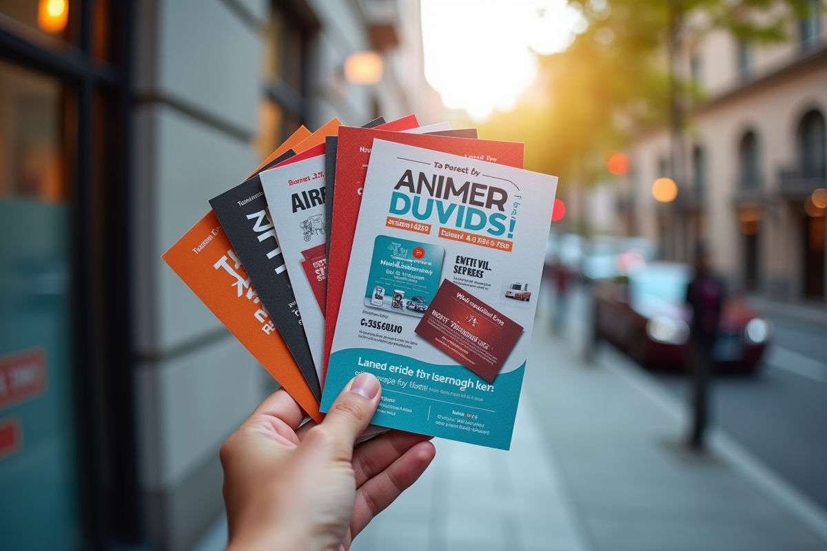 Flyers imprimés colorés tenus en main en extérieur