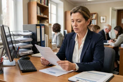 Fonctionnaire française en blazer marine consultant des documents de paie dans un bureau administratif