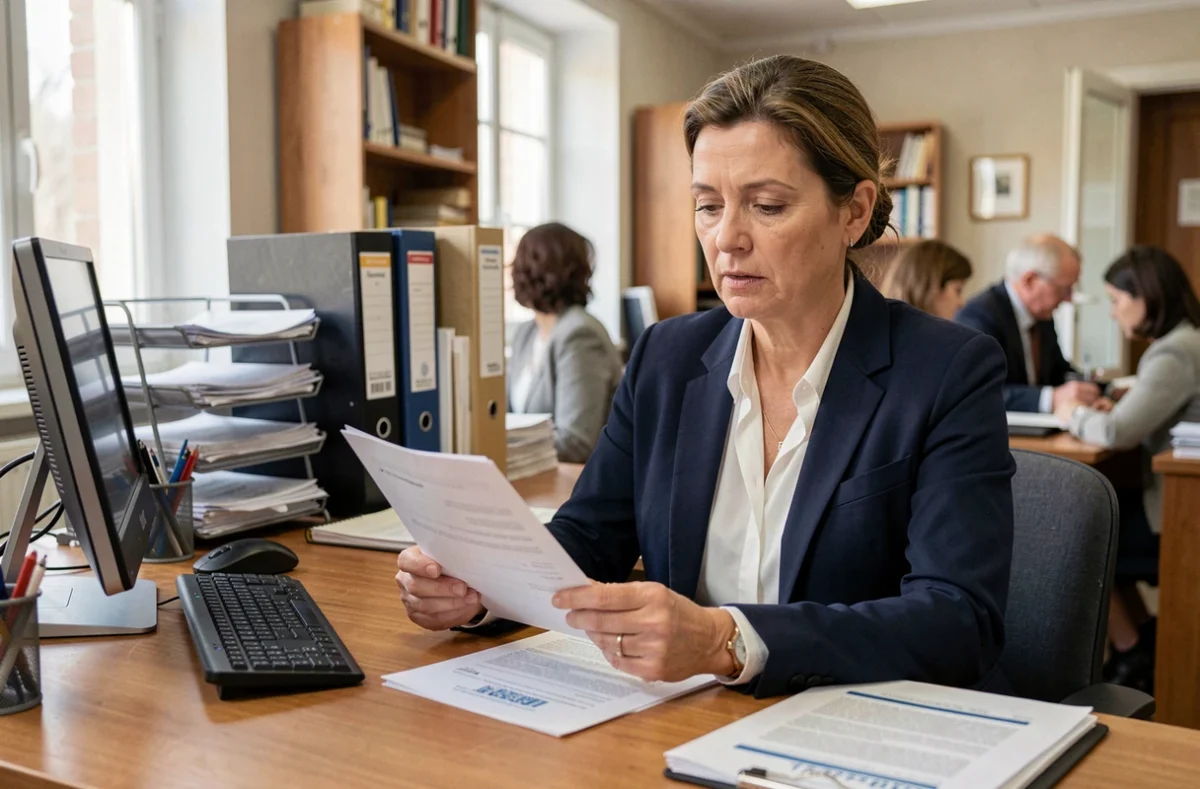 Fonctionnaire française en blazer marine consultant des documents de paie dans un bureau administratif