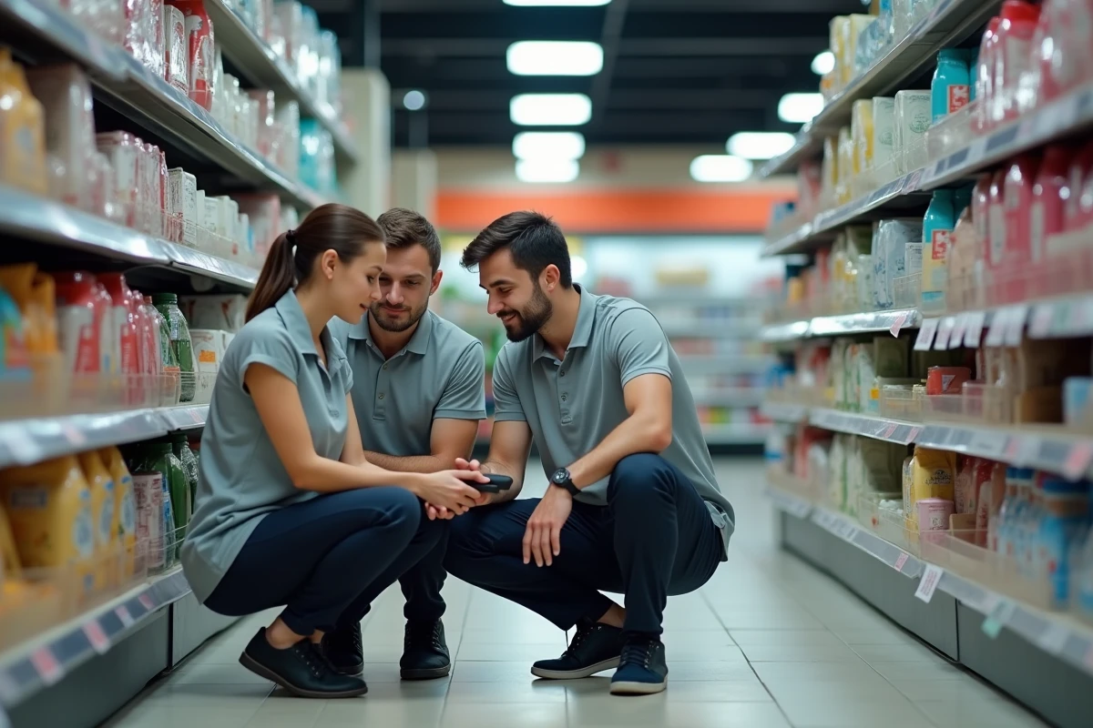 Formateur en prévention des pertes expliquant à deux employés comment détecter les anomalies sur les étiquettes produits en magasin