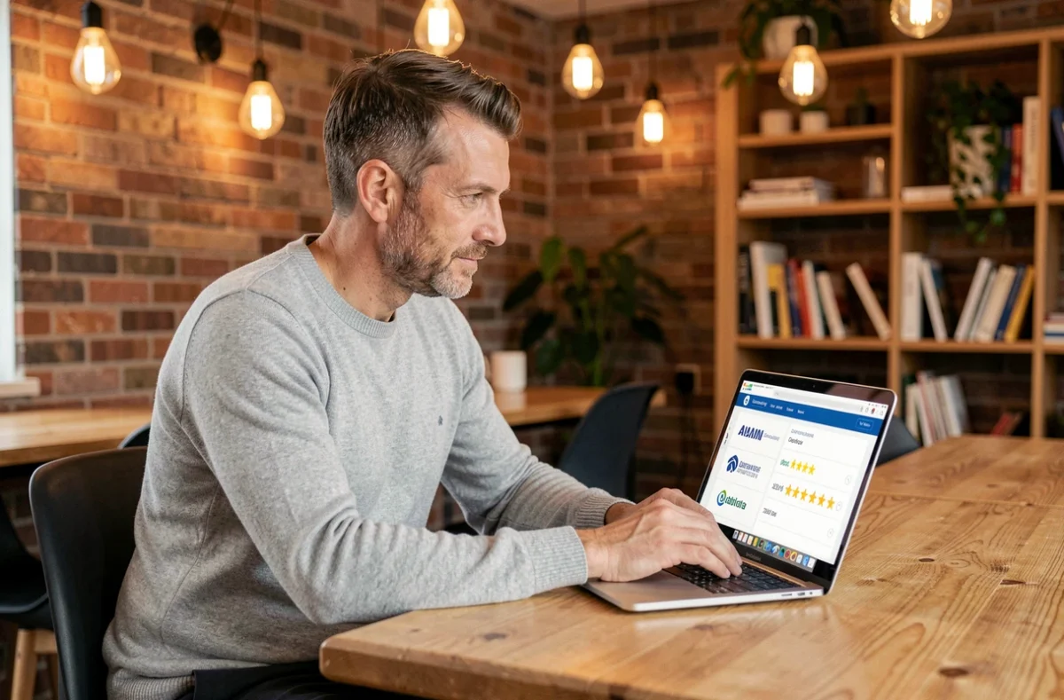 Freelance consultant recherchant un classement de sociétés de portage salarial sur son ordinateur en coworking