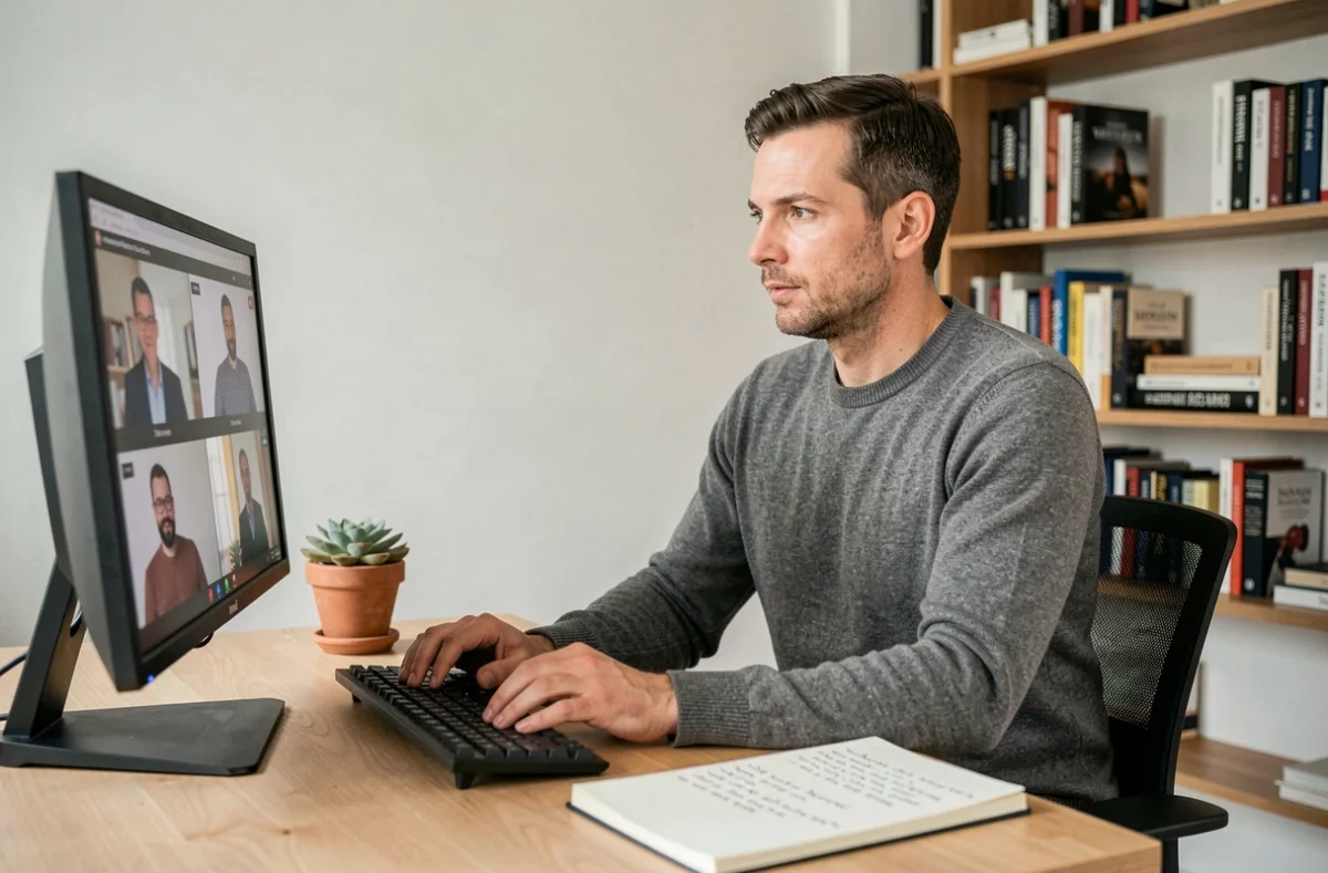 Freelance en télétravail gérant son activité via une société de portage salarial depuis son bureau à domicile