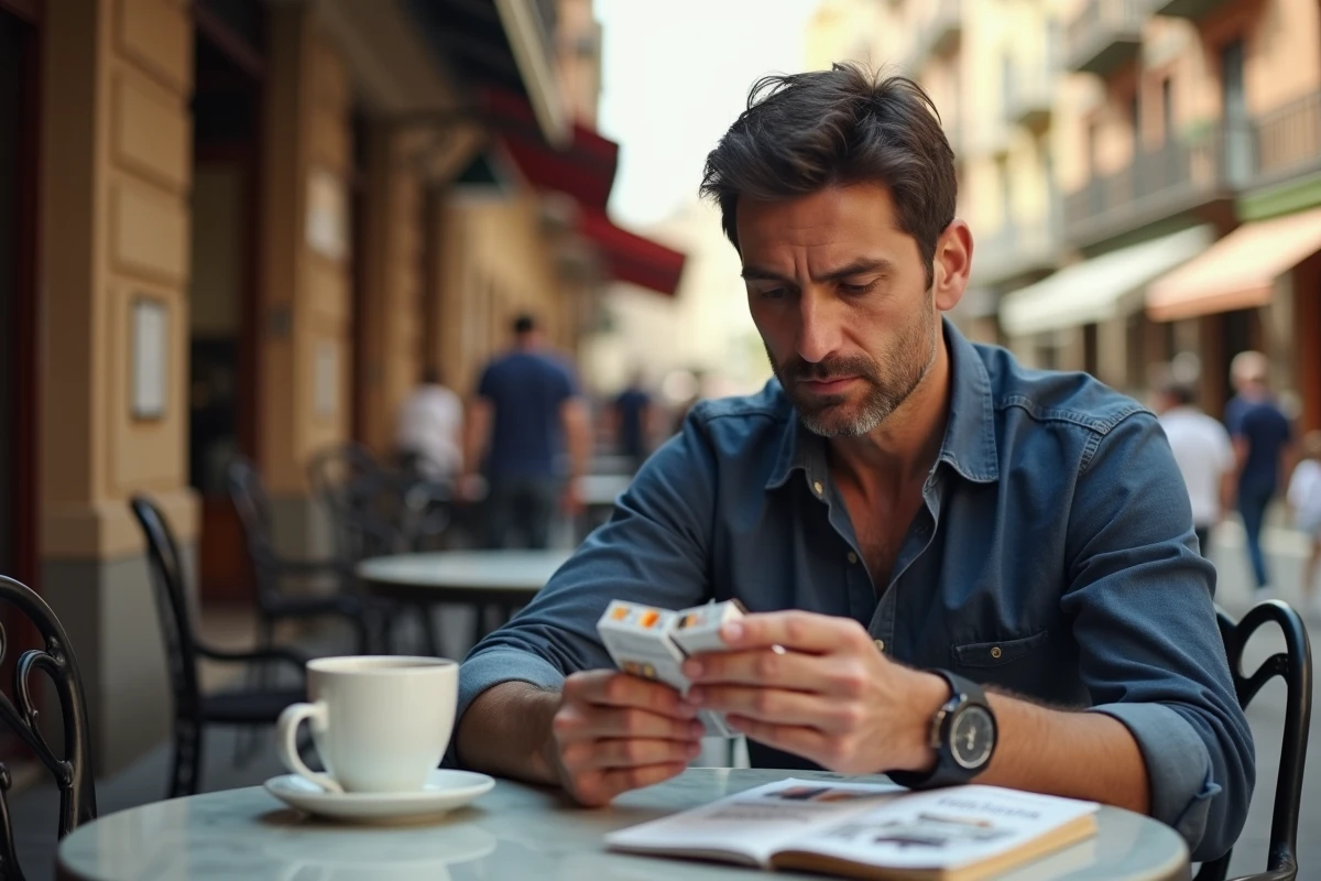 Homme français examinant un paquet de cigarettes Philip Morris sur une terrasse de café à Barcelone en 2026