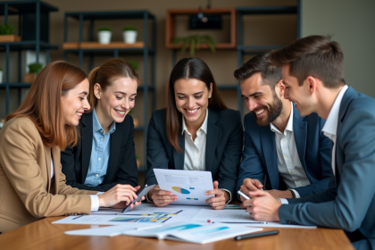 Groupe de jeunes professionnels souriants en réunion