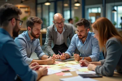 Groupe de professionnels en r&eacute;union dans un bureau collaboratif