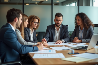 Groupe de collègues en réunion dans un bureau moderne