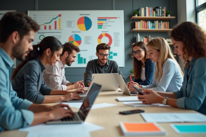 Jeunes adultes autour d'une table en coworking pour marketing digital