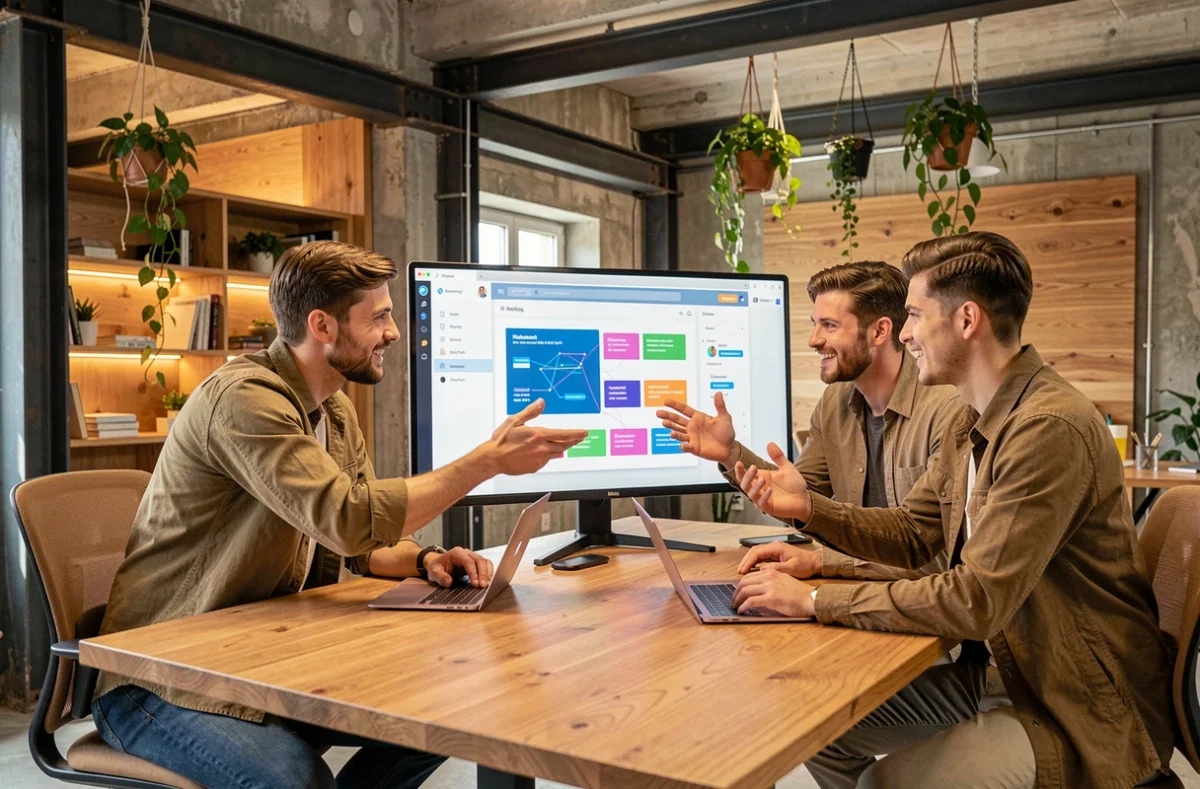Équipe créative collaborant sur un projet de design web dans le studio de l'agence Hibrido
