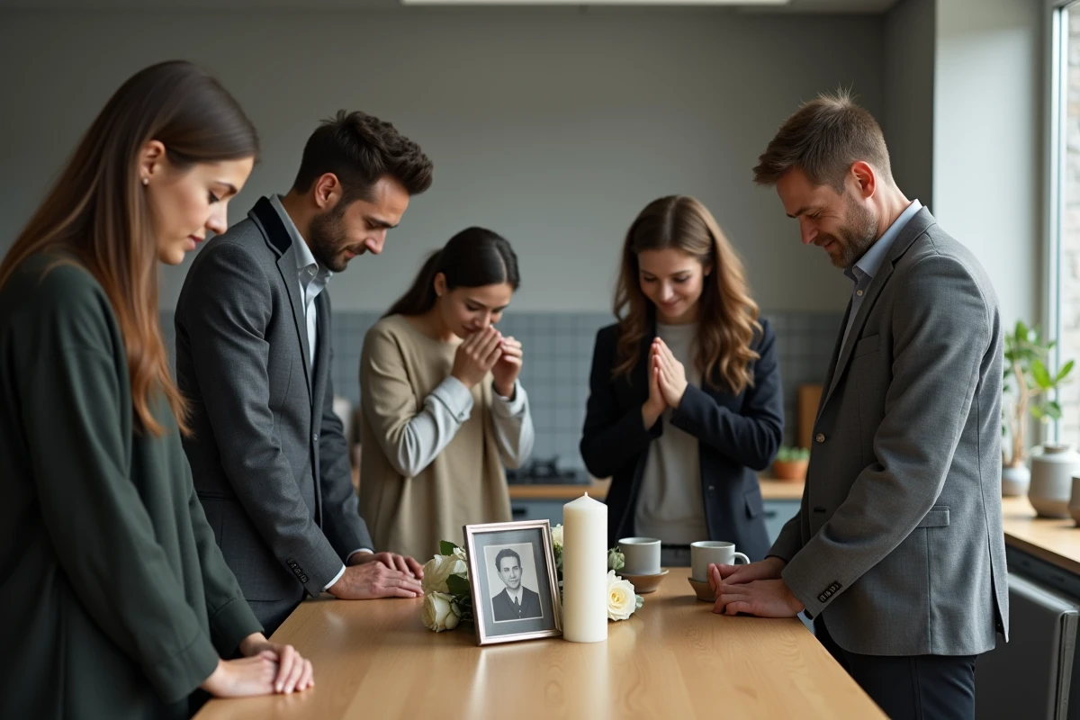 Groupe de collègues recueillis devant un coin mémorial discret dans une salle de pause de bureau avec des roses blanches et une photo encadrée