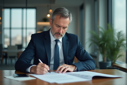 Homme d'affaires en costume navy étudie des documents