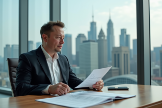 Homme d'affaires en costume dans un bureau moderne avec vue sur la ville