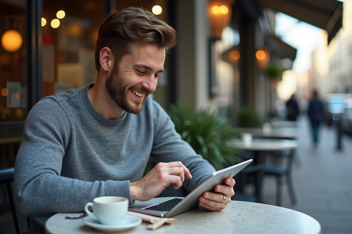 Homme analysant des données sur une tablette en extérieur