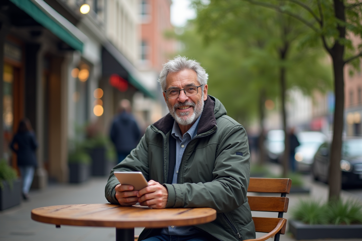 Homme d age avec tablette dans un café en ville
