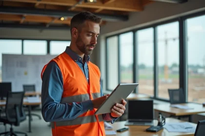 Homme en chantier avec tablette et plans de construction