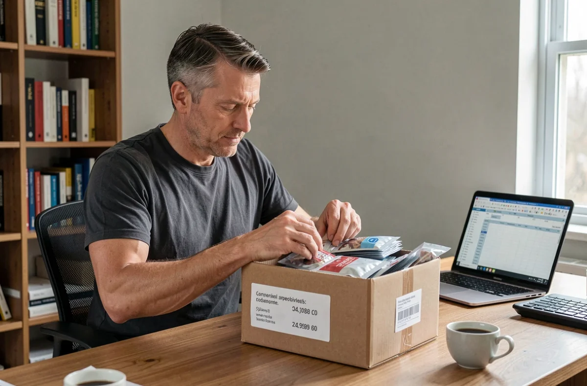 Homme en télétravail emballant des échantillons produits dans un bureau à domicile organisé