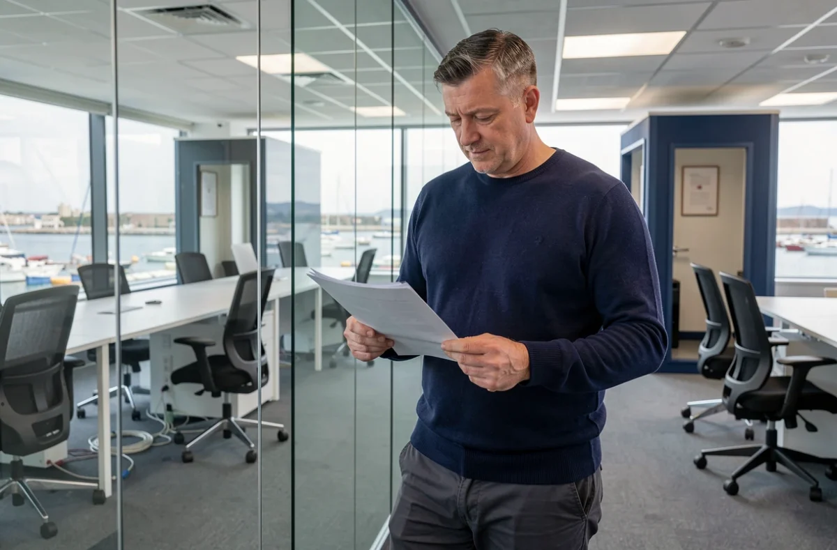 Homme d'affaires consultant des documents dans un espace de coworking avec vue sur le port de Toulon
