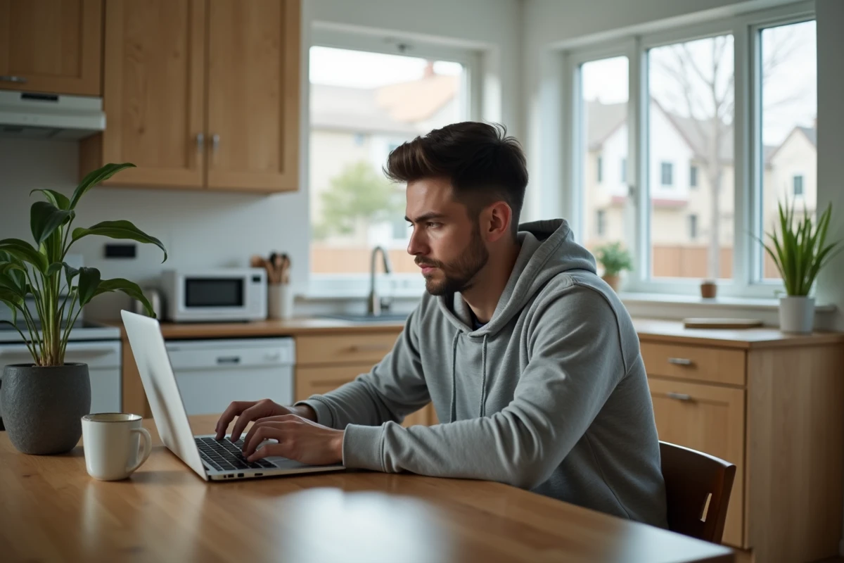 Homme en sweat devant son ordinateur portable dans la cuisine, rédigeant un email pour justifier une absence au travail