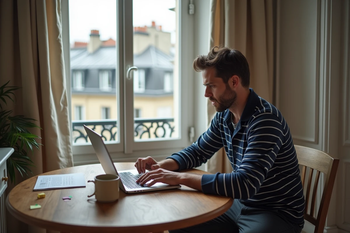 Homme en full remote travaillant sur un salaire et des horaires flexibles depuis son appartement parisien