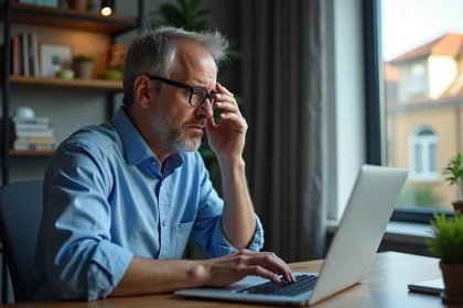 Homme inquiet au bureau &agrave; domicile regardant son ordinateur