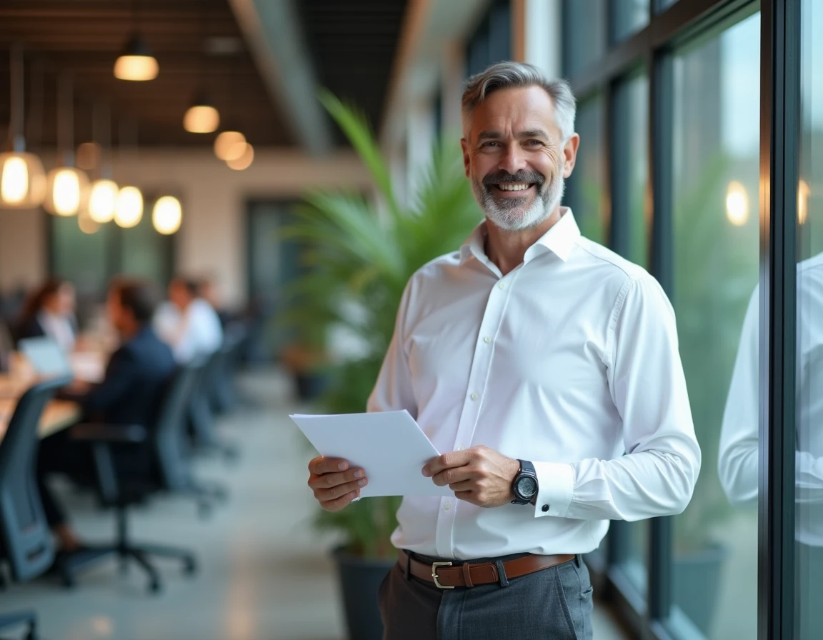 Homme en bureau tenant sa lettre de démission pour annoncer sereinement sa reconversion professionnelle