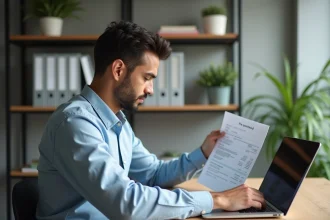 Homme d'affaires examine sa fiche de paie sur son ordinateur