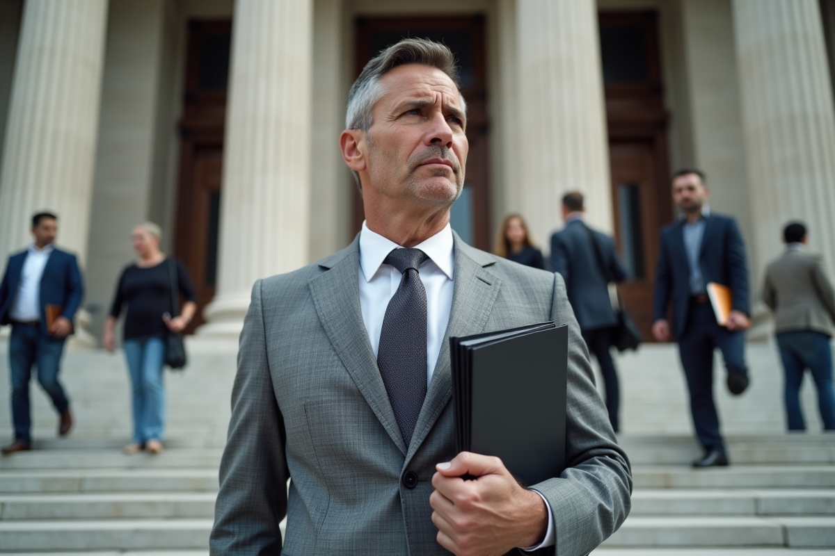 Homme en costume dans un bâtiment officiel avec colonnes