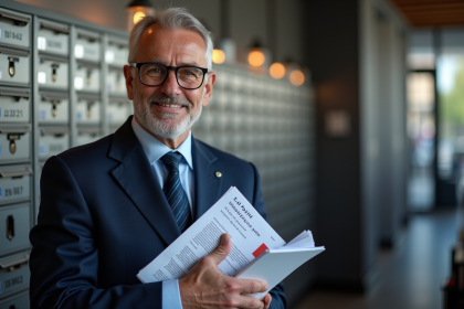 Homme d'âge moyen souriant dans une poste française